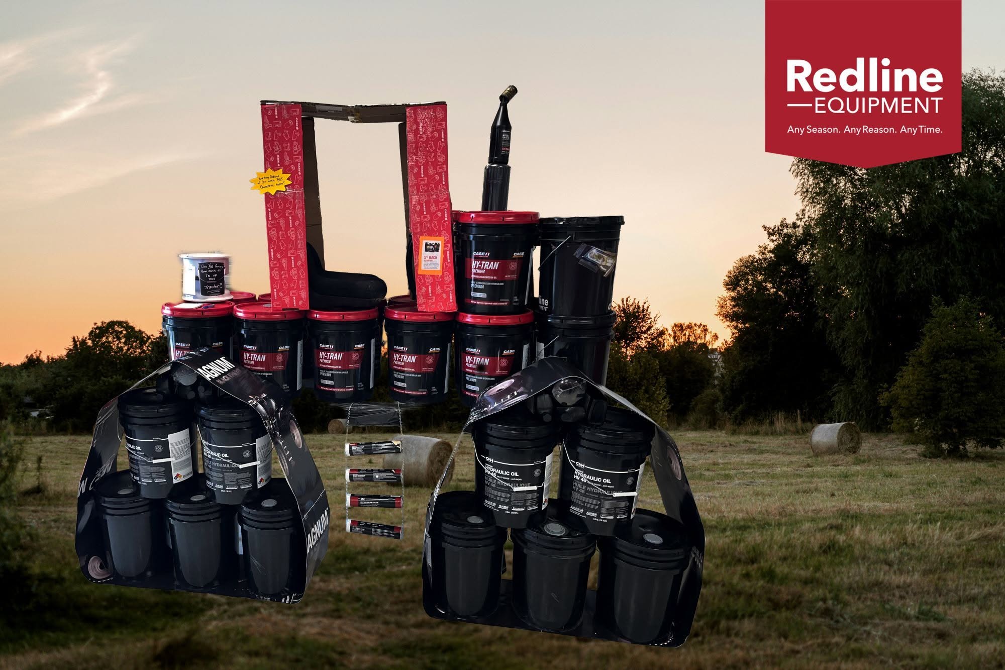 A tractor built from Case IH Hy-Tran and hydraulic oil pails in a Redline parts display